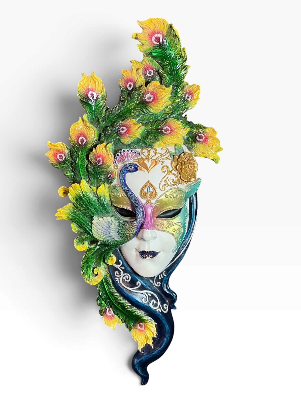 2009 Veronese Peacock Resin Face Mask Art Wall Decoration 21” x 10” x 3”
